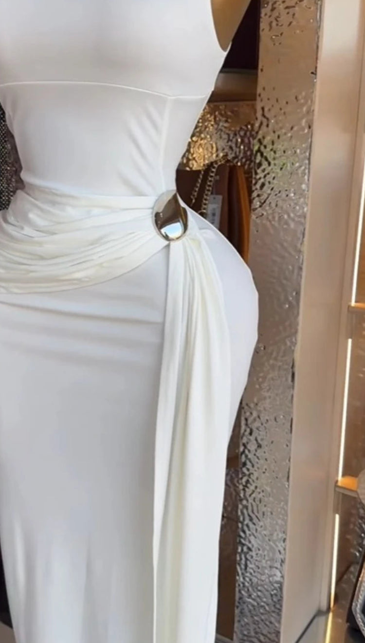 Women's Sleeveless Stacked Ruched Side-Up Dress | Sexy O-Neck Cocktail Evening Party Gown | Trendy Birthday Club Bodycon Maxi Dress | Premium Medium Stretch Brocade Empire Waist Pencil Vestido Luxegan