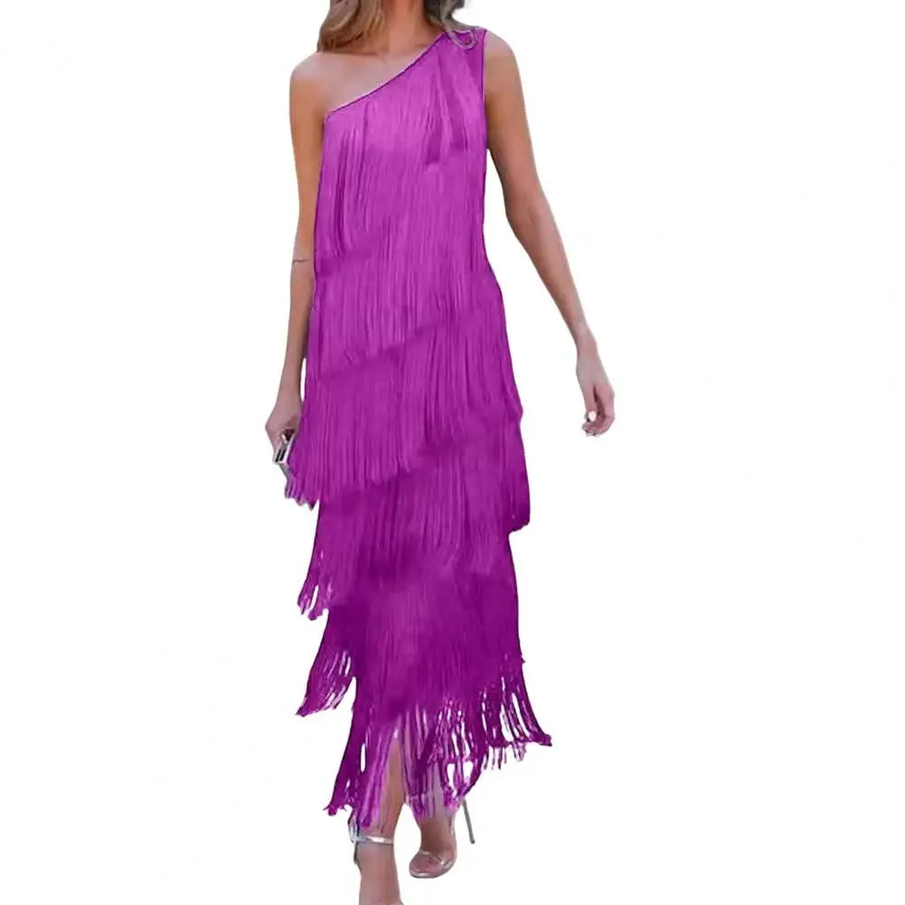 Women's One-Shoulder Layered Fringed Tassel Evening Dress | Elegant Asymmetric Cocktail Party Maxi Dress | Loose Fit Sleeveless Prom Dance Gown | Premium Tatting Slight Stretch Ankle-Length Luxegan