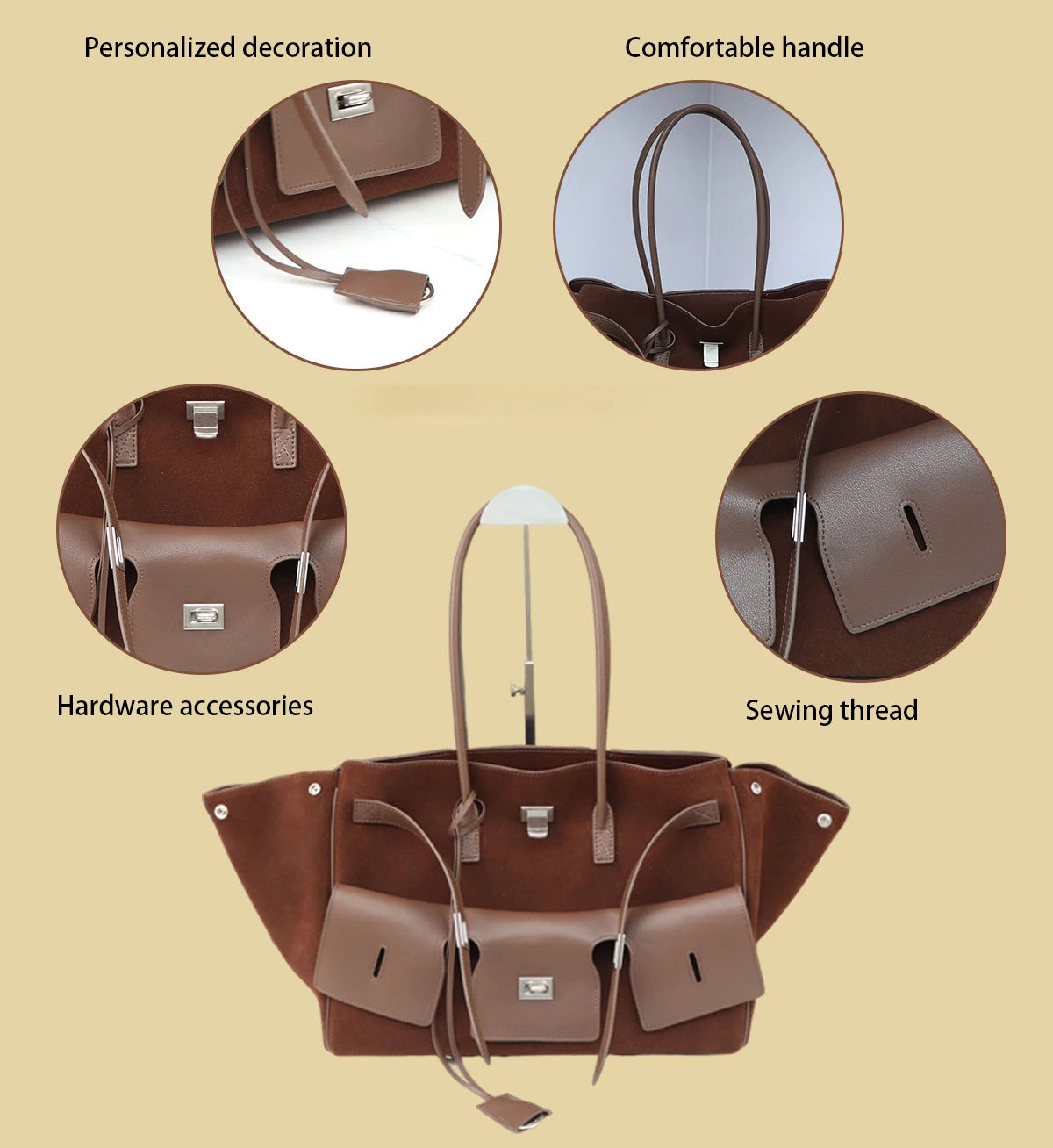 Premium Genuine Cowhide Leather Tote | Large-Capacity Neutral "Motorcycle Wing" Underarm Bag | Fashionable Genuine Leather Messenger for Ladies | Versatile Four-Seasons Casual Tote Luxegan