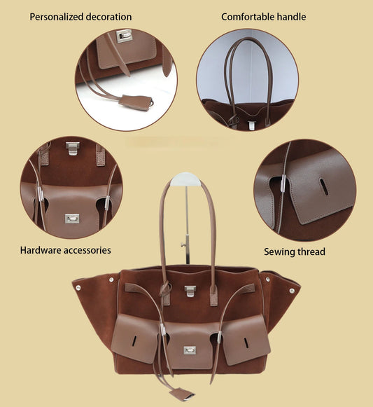 Premium Genuine Cowhide Leather Tote | Large-Capacity Neutral "Motorcycle Wing" Underarm Bag | Fashionable Genuine Leather Messenger for Ladies | Versatile Four-Seasons Casual Tote Luxegan