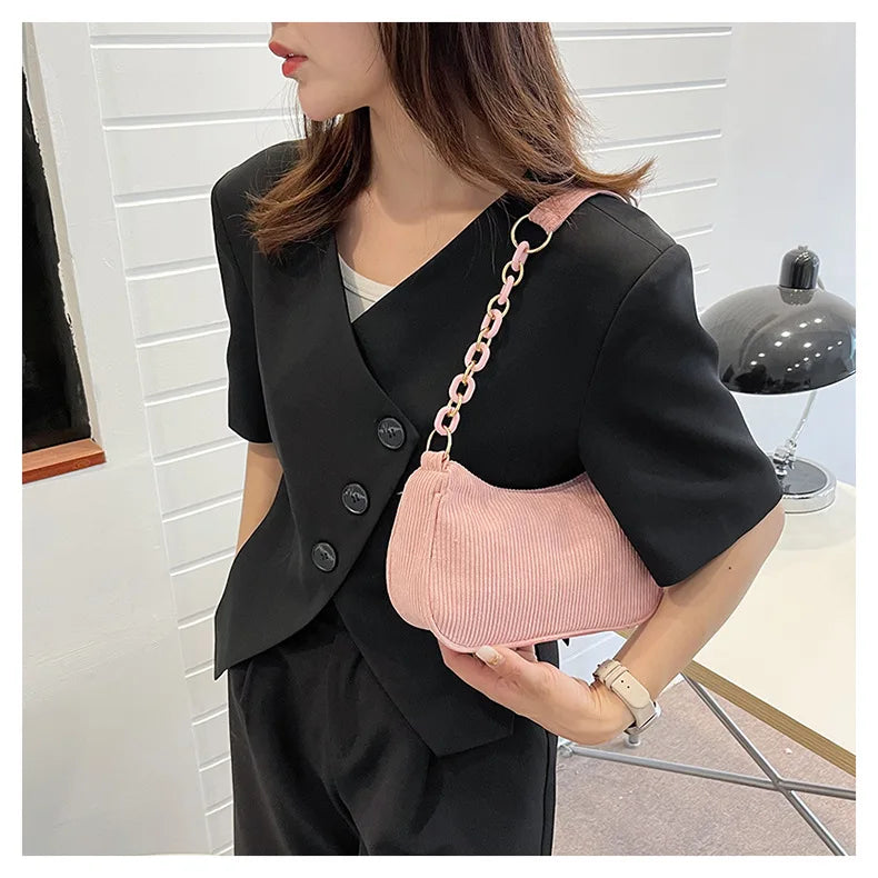 Korean Fashion Vintage Corduroy Underarm Bag | Women's Summer Soft Zipper Shoulder Small Bag | Casual Clutch Handbag Luxegan