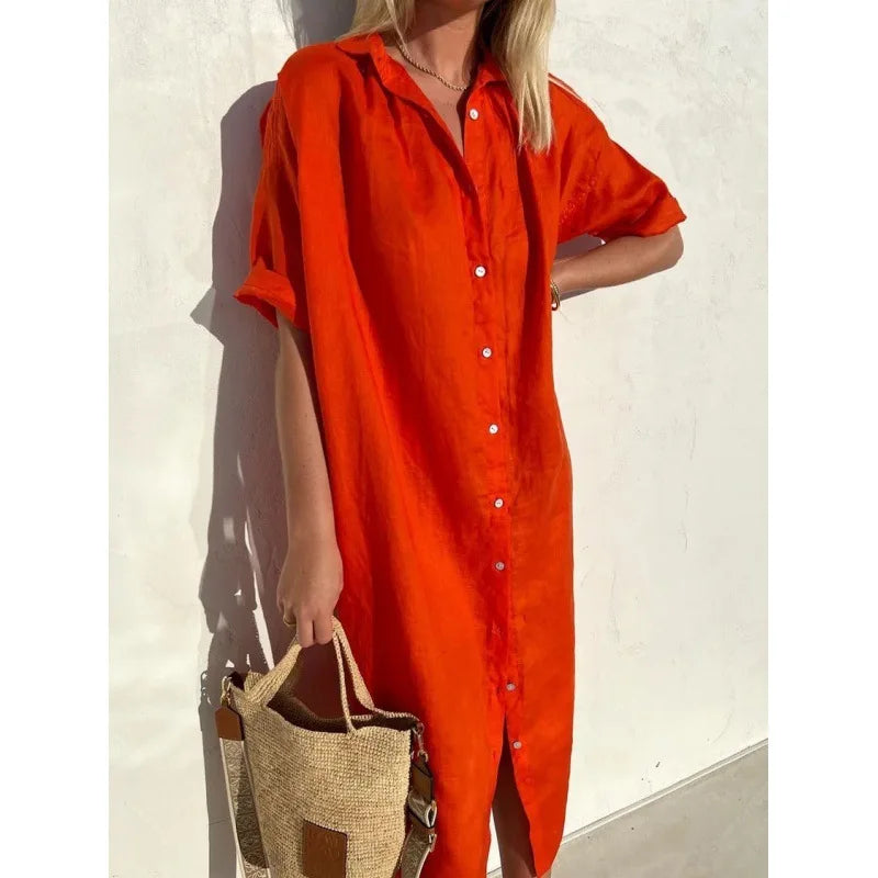 Women's Solid Short-Sleeve Summer Shirt Dress | Single-Breasted Button-Down Cardigan Maxi | Loose-Fit A-Line Mid-Calf Casual Vacation Skirt Luxegan