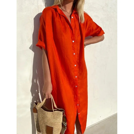 Women's Solid Short-Sleeve Summer Shirt Dress | Single-Breasted Button-Down Cardigan Maxi | Loose-Fit A-Line Mid-Calf Casual Vacation Skirt Luxegan