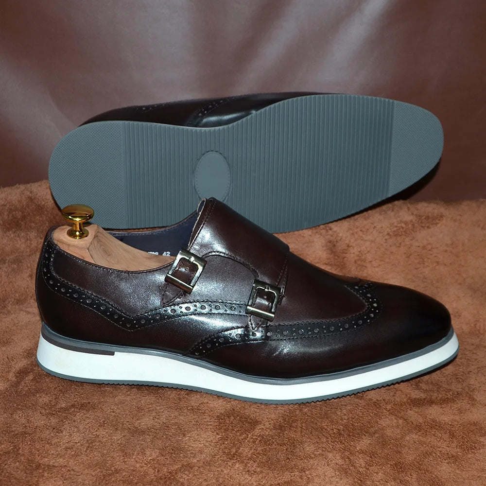Classic European Luxury Monk Strap Sneakers | Sophisticated Double Buckle Wingtip Brogue | Elegant "Genuine Cow Leather & Suede" Silhouette | "Dignified" Sheepskin Insole & Non-Slip Rubber for Radiant Versatile Styling Luxegan