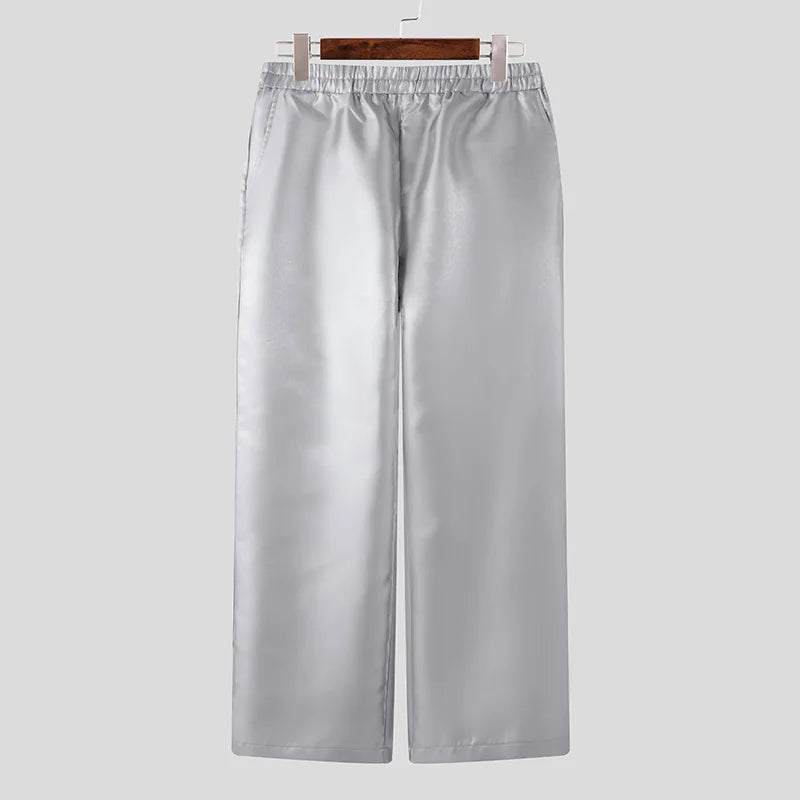 Shiny Elastic Waist Joggers | Sophisticated Mid-Waist Straight Silhouette | Elegant "Full-Length" Streetwear Fashion | "Dignified" Pleated Party Trousers for Radiant Versatile Styling