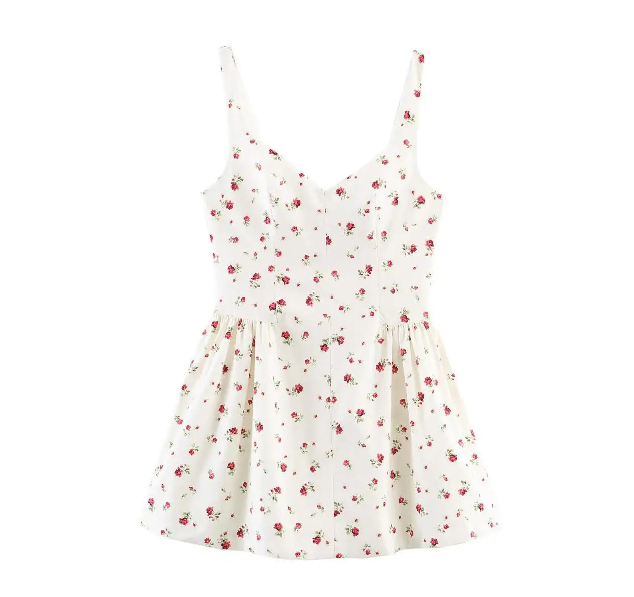 Sexy Beige With Red Floral Print V Collar Sling Mini Dress Women Backless Low Waist Ruched Swing Dresses Femme Vestidos Robe