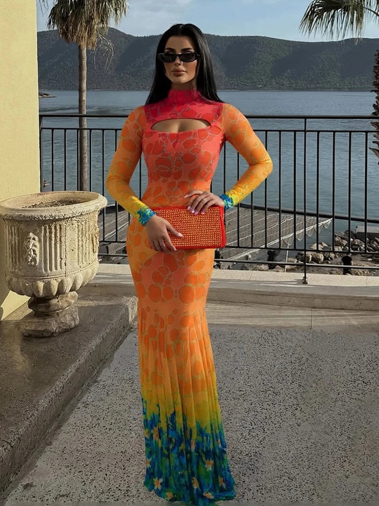 See-Through Hollow Out Print Fishtail Bodycon Maxi Dress | Skinny Stretch Sexy Club Party Dress Luxegan