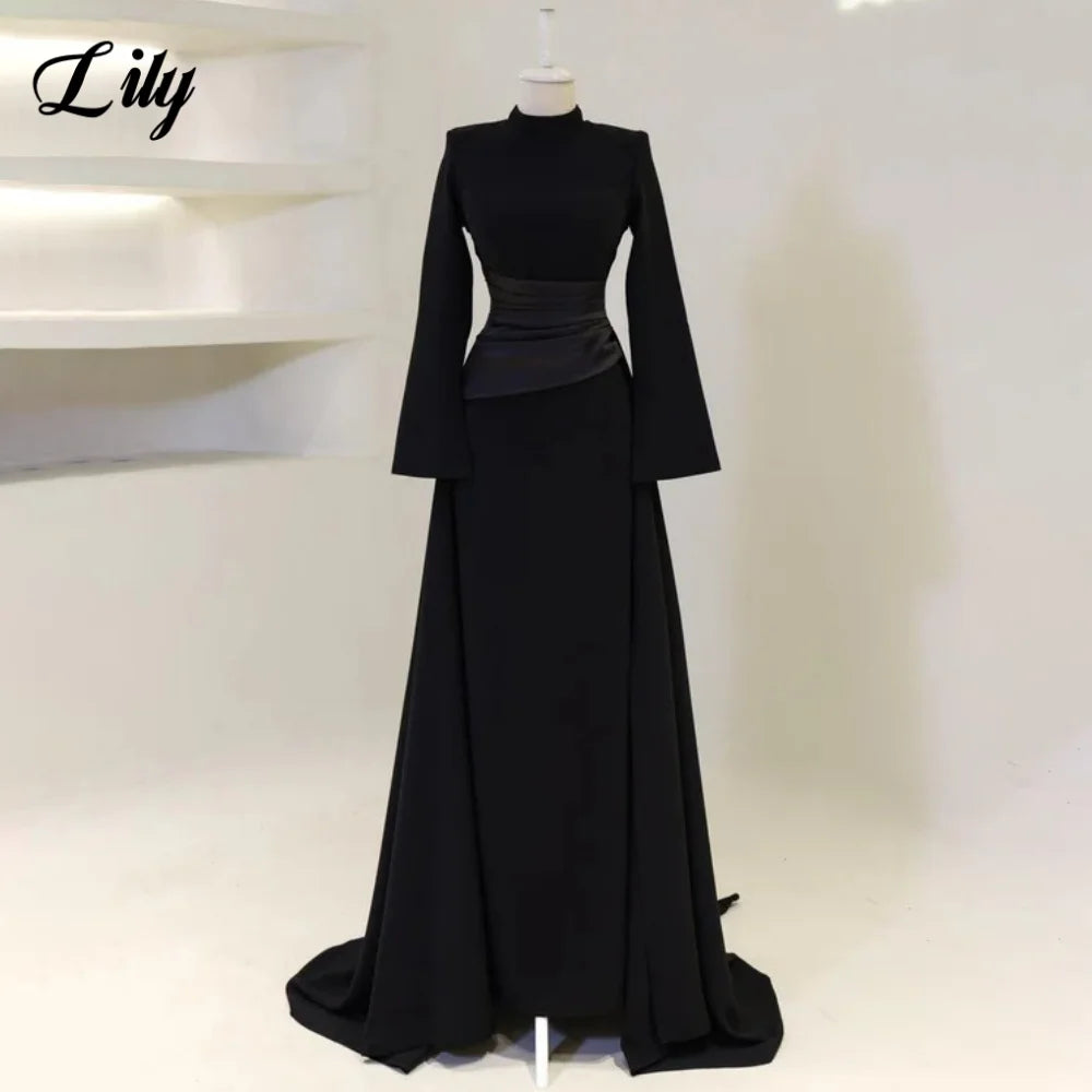 Lily Burgundy Elegant Prom Dresses High-Neck Long Sleeves Mermaid Evening Dresses Satin Muslim Formal Gowns Dubai  Customized