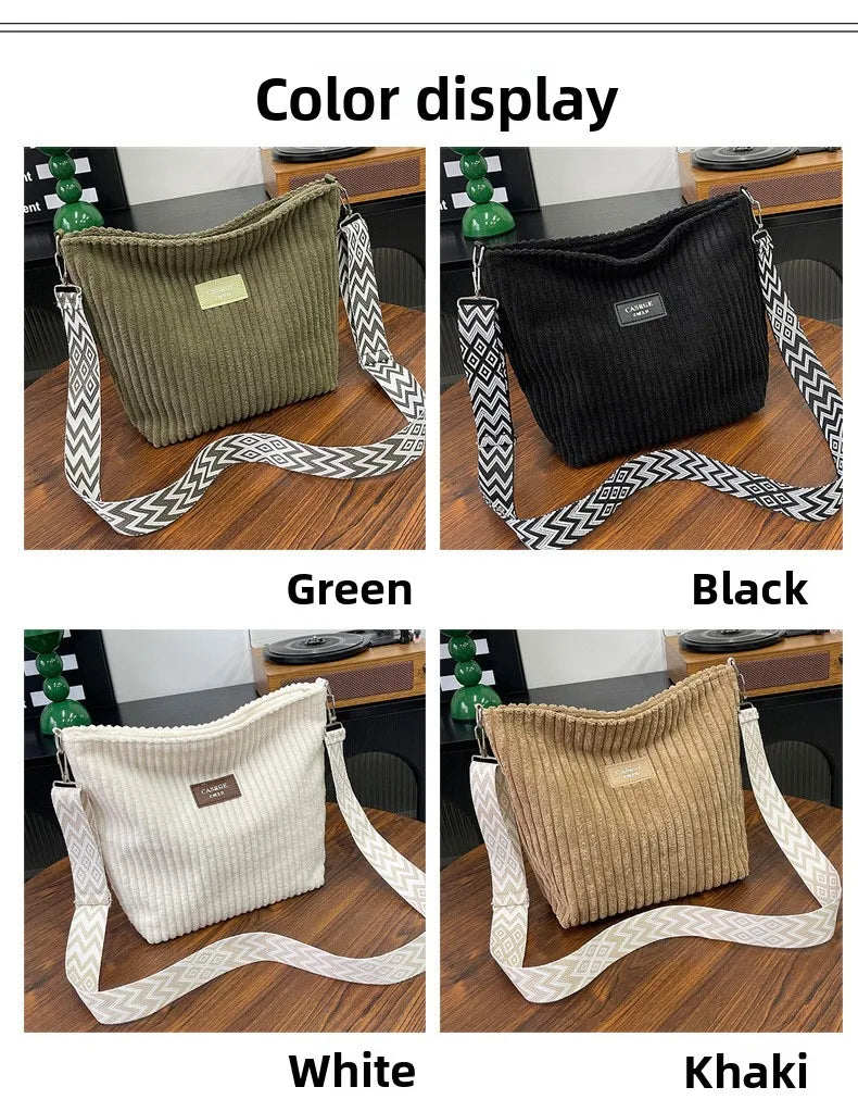 Solid Color Corduroy Messenger Bag | Casual Chic Women’s Bucket Bag | Versatile Crossbody & - view 6