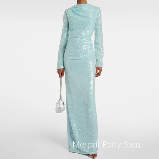 Vestido de fiesta de lentejuelas brillantes, cuello redondo, manga larga, hasta el suelo, vestidos de fiesta sencillos, vestido de noche de Arabia Saudita