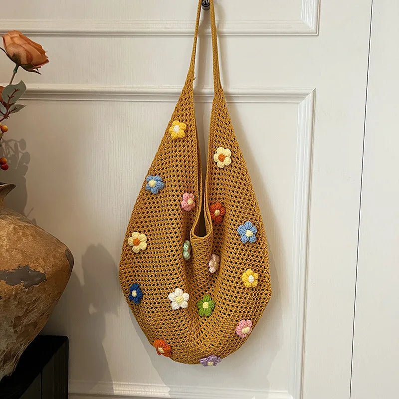 Hollow Mesh Knitted Shoulder Bag | Slouchy Chic Cartoon Beach Tote | Lightweight Laid-Back Woven Handbag | Spring & Summer Versatile Nylon Satchel for Women Luxegan