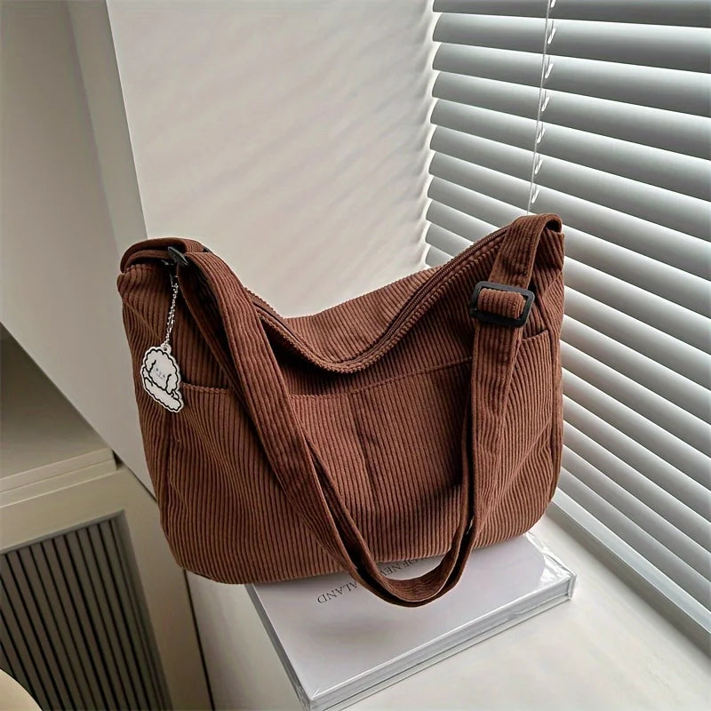 Women's Corduroy Shoulder Bag | Casual Striped Large Capacity Tote with Zipper (Cute Hat Patch, Everyday Use) Luxegan