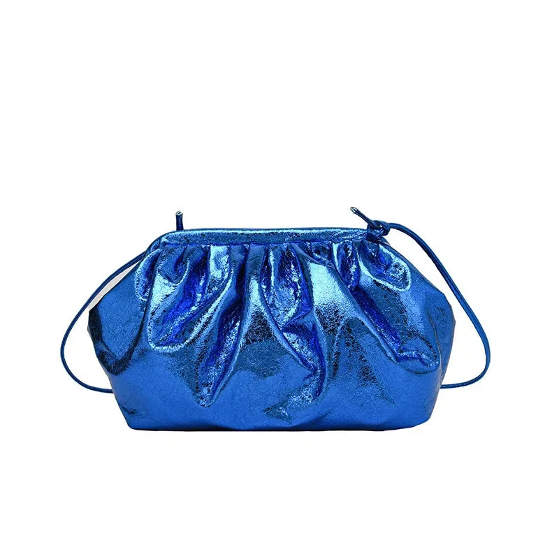 Small Luxury Design Women's Leather Silver Cloud Bag | Gold Crossbody & Ladies Party Clutch Purse (Sequined, Ruched Handbag) Luxegan