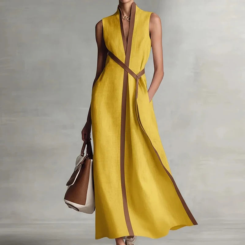 V-Neck Sleeveless Patchwork A-Line Loose Ankle-Length Maxi Dress | Elegant Chic Holiday Party Dress Luxegan