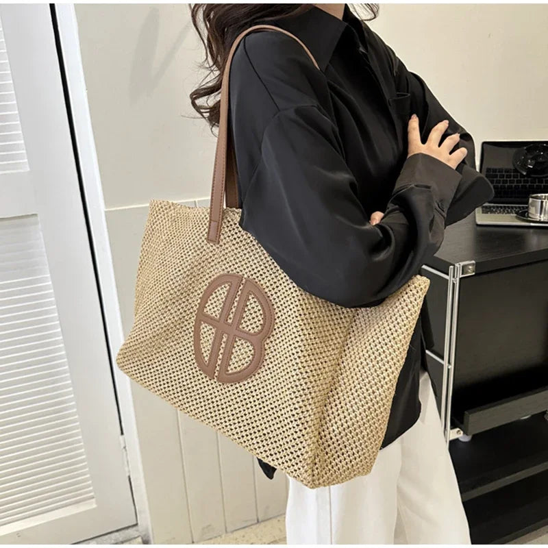 Straw Hollow Out Knitting Tote Bag | Large Capacity Handmade Shoulder Bag & Casual Beach Bag Luxegan