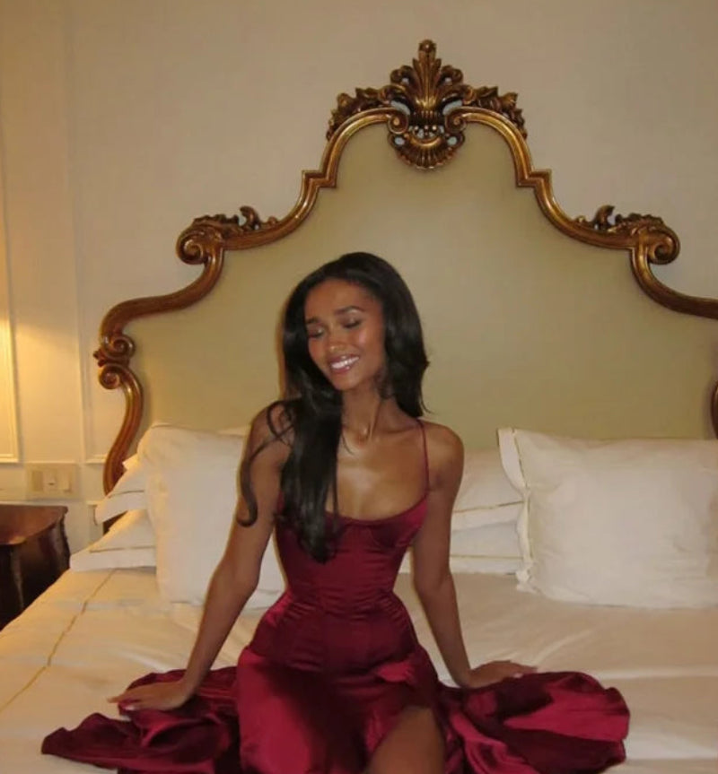Women's Burgundy Spaghetti Strap Prom Dress | Elegant Satin Side Slit Mermaid Gown | Sexy Backless Floor-Length Evening Dress | Built-In Bra High Waist Party Dress Model Dec2412194 Luxegan
