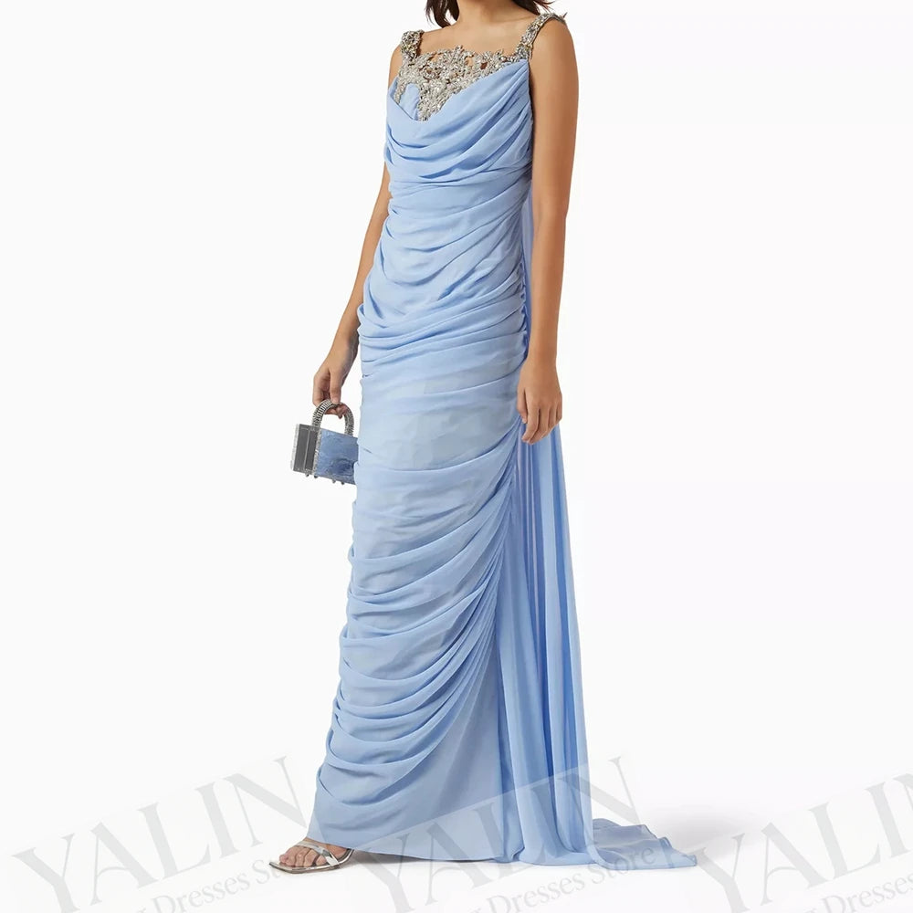 Crystal Draped Mermaid Evening Dress | Spaghetti Strap Sleeveless Floor-Length Prom Gown Luxegan