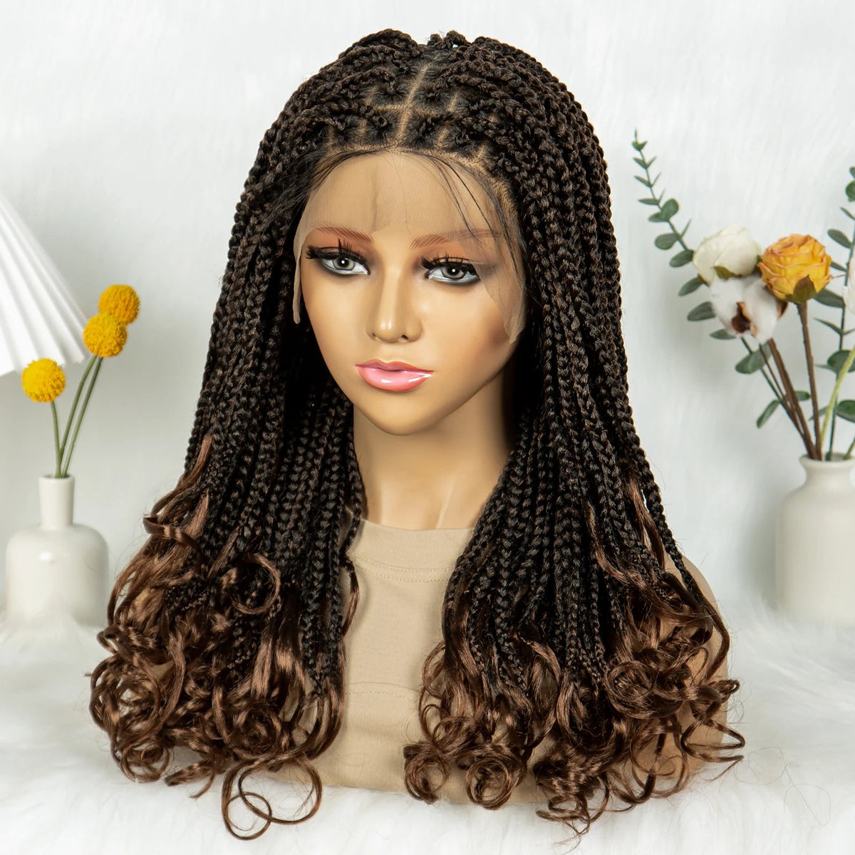 Kima Goddess Box Braided Wigs Transparent Full Lace Braided Wig French Curly Ends with Baby Hair Braided Wigs for African Women Luxegan