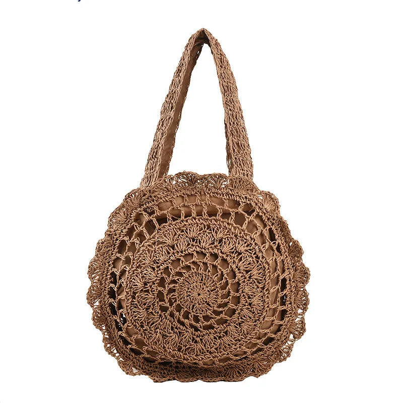 Summer Round Woven Straw Bag | Sophisticated Hollow-Out Handle Rattan Tote | Elegant Circular Beach Shoulder Bag | "Dignified" Soft Knitted Shopper for Versatile Vacation Styling Luxegan