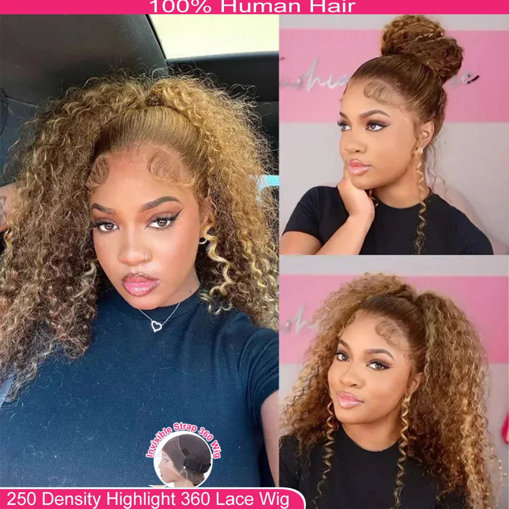 Invisi-Strap 360 Full Lace Wig | Sophisticated "Chocolate Brown" Deep Curly Silhouette | Elegant 250% Density HD Lace Hairpiece | "Dignified" Honey Blonde Highlights Brazilian Human Hair Wig for Radiant Versatile Styling Luxegan
