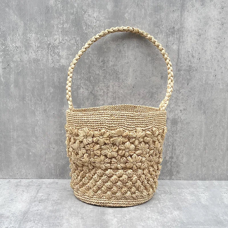 Bohemian Raffia Beach Bags for Women Bucket Bag Luxury Flower Straw Bag | Women Handbag Handmade Travel Rattan Shoulder Bags Tote Luxegan