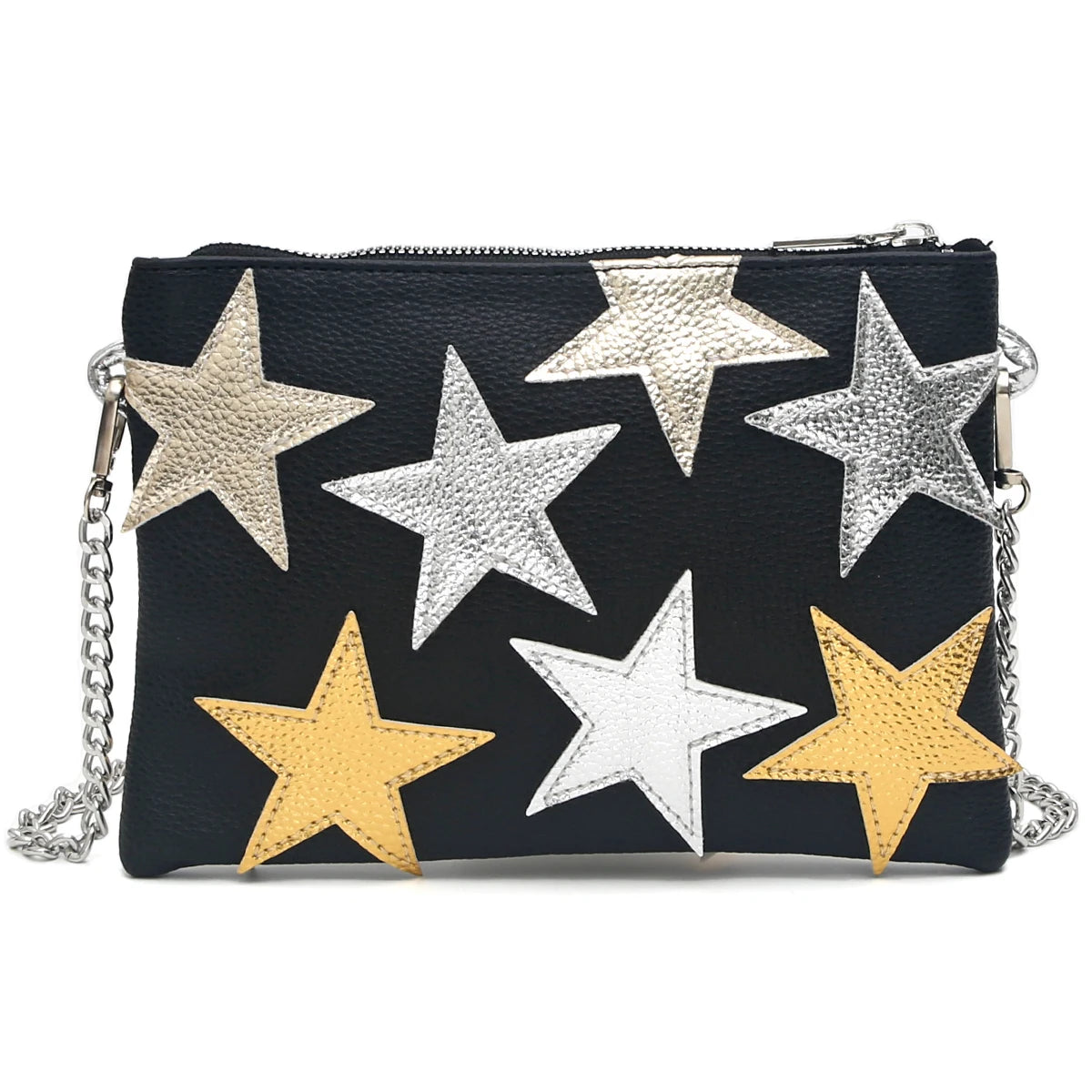 Fashion Women’s Metallic PU Leather Square Clutch | Funky Stars & Colorful Stripes Shoulder Bag | Trendy Patchwork Party Handbag with Chain Strap | Statement Prom & Date Night Purse (Model CRP-2402031) Luxegan