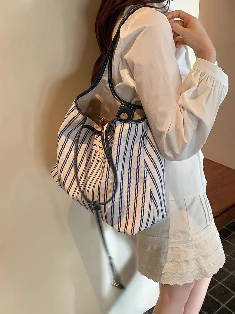 Texture Women's Tote Bag Contrast Color Stripe Shoulder Bags Woman Large Capacity Female Daily Commuting Underarm Packs Handbags