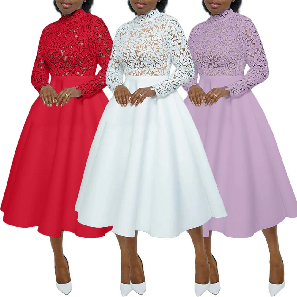 Solid Casual O-Neck Full-Length Sleeve Regular Fit A-Line Mid-Calf Dress – Non-Stretch Polyester, Natural Waist, Autumn/Winter Luxegan