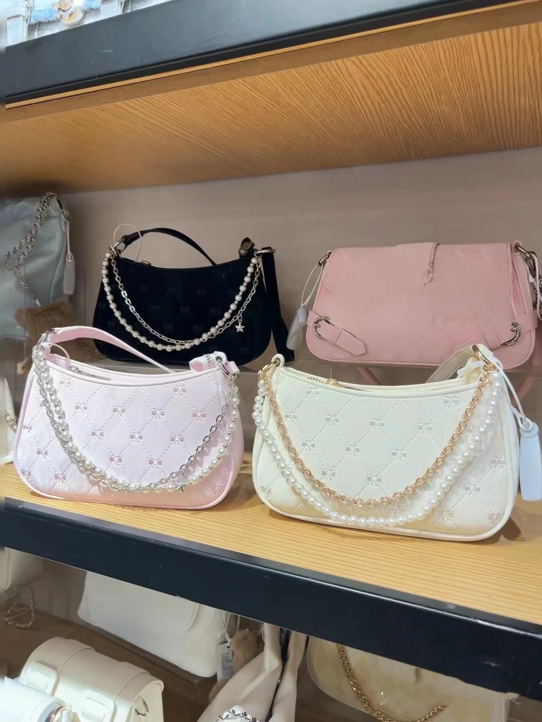 Women's Shoulder Bag | Elegant Cute Bow Pearl Chains & Embroidery Handbag (Casual Leather Korean Fashion Female Handbag) Luxegan