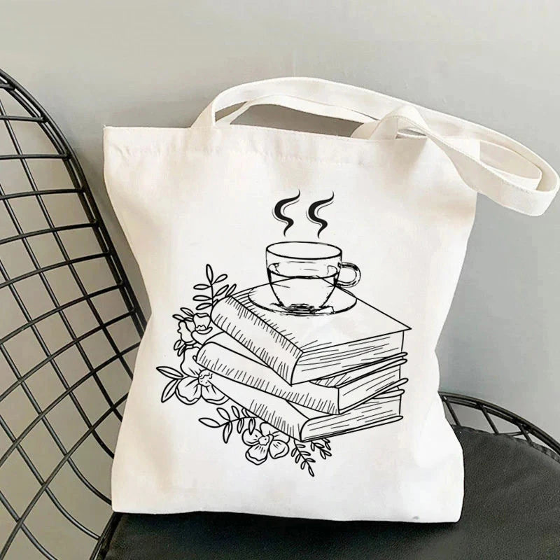 Flowery Books Printed Canvas Tote Bag | Retro Large Capacity Eco-friendly Shopping Bag | Unisex Student Schoolbag Shoulder Bag Luxegan