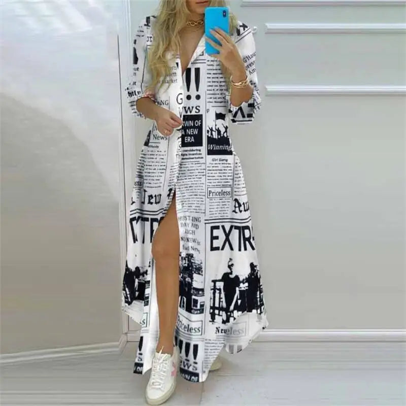 Women's Elegant Bohemian Printed Maxi Shirt Dress | Casual Turn-Down Collar Long Sleeve Gown | Single-Breasted Split Shirt Dress | Loose Fit Ankle-Length Fall Winter Vestido Luxegan