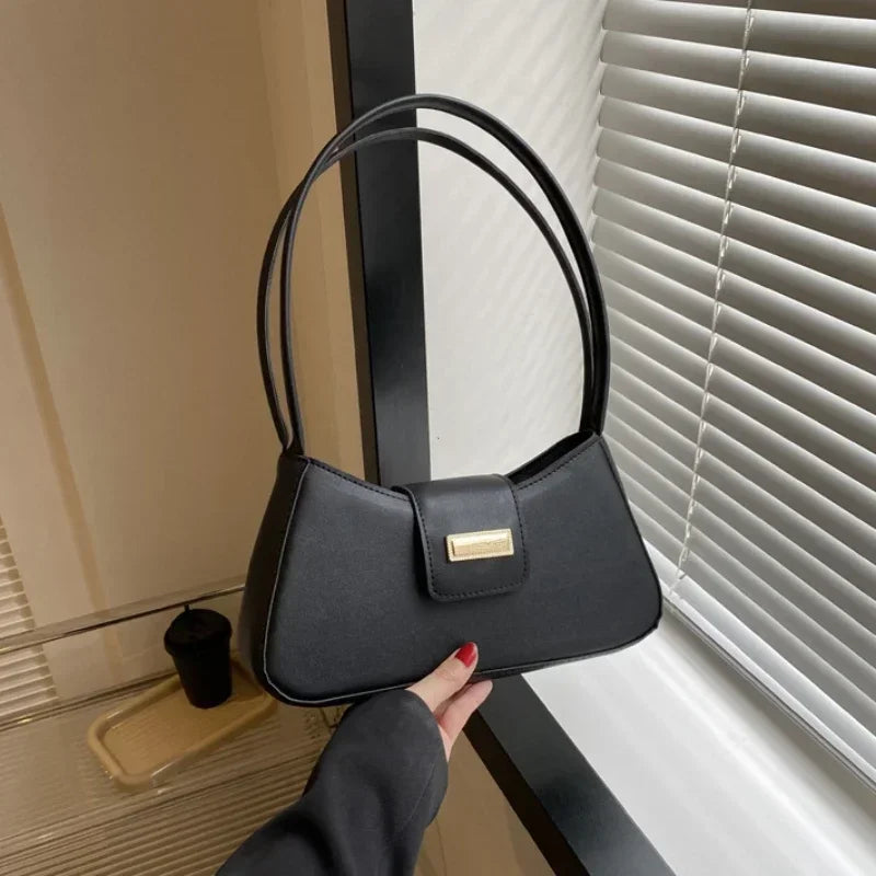 Minimalist Saddle Shoulder Bag | Sophisticated Simple Solid-Color Underarm Bag | Elegant Buckle-Detail Handbag | "Dignified" Structured Small Top-Handle Purse for Versatile Fashion Styling Luxegan