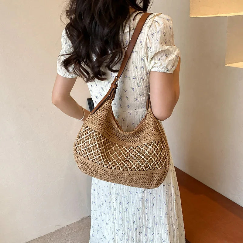 Large Capacity Summer Straw Weaving Shoulder Bag | Women's Handmade Crochet Beach Handbag & Woven Hollow Out Underarm Knitting Bag Luxegan