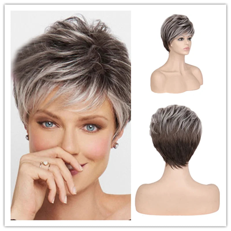 Short Brown Bob Wig with Bangs | Mixed Blonde Synthetic Natural Hair Wig for Women (Soft Mommy Hair, Daily Use) Luxegan