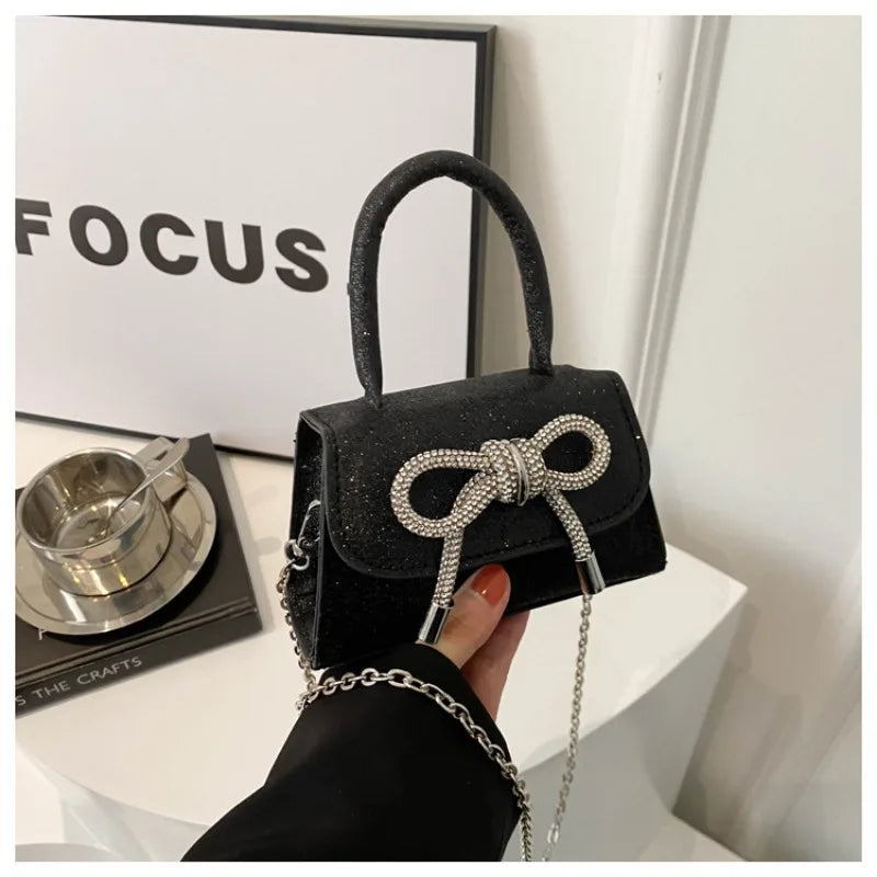 Glitter Small Square Handbag | PU Leather Bow Design Shoulder Bag