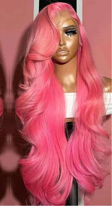 Swupod Hot Pink Body Wave HD Lace Frontal Wig | 100% Brazilian Human Hair Glueless Wig | 30-32 Inch High-Density Pre-Plucked Transparent Swiss Lace Frontal Wig for Women Luxegan