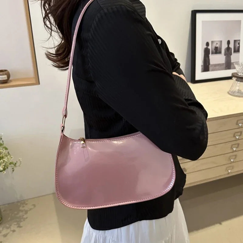 Retro Solid Color PU Shoulder Underarm Bag | Women Fashion Patent Leather Handbag | Casual Hobos Purses And Handbag Ladies Hand Bags Luxegan