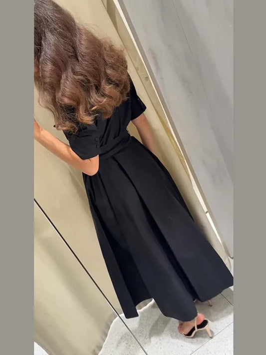 V-Neck Short Sleeve Belted Pleated Lapel Slim A-Line Ankle-Length Maxi Dress | Elegant Club Dress - view 2