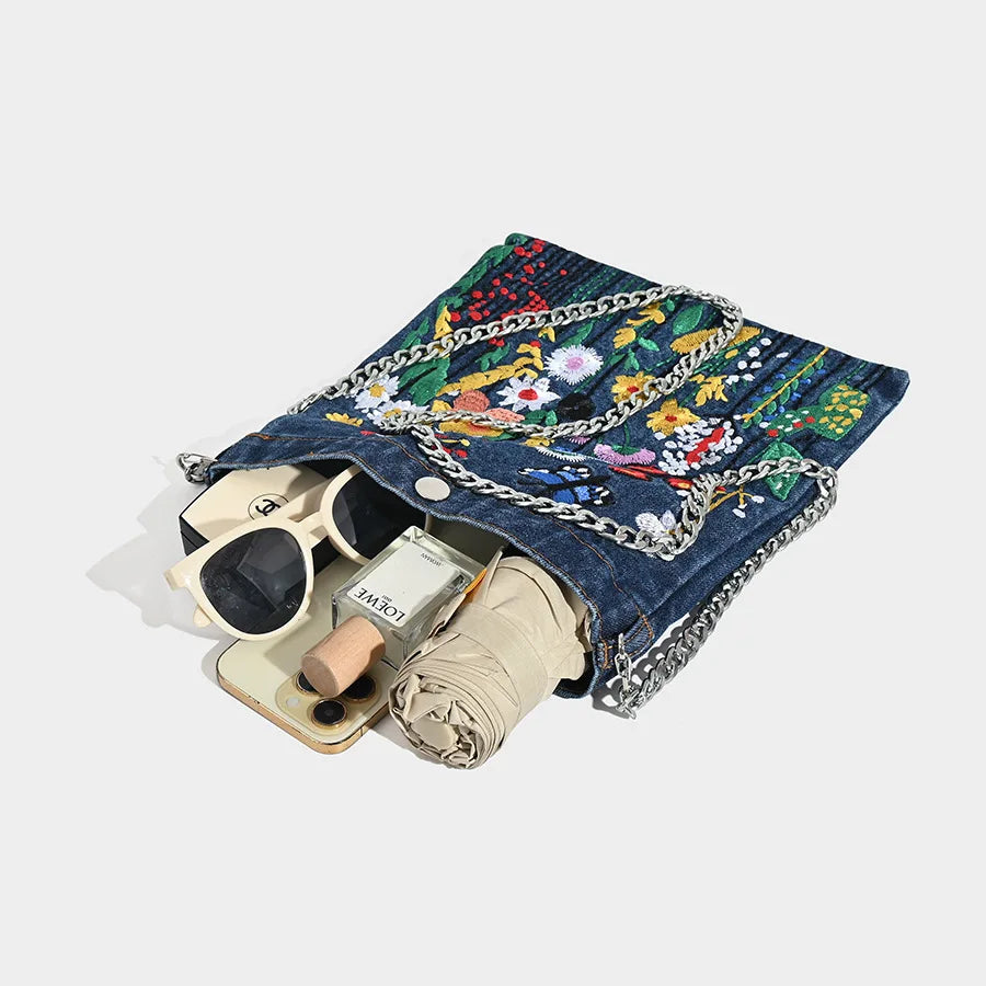 Embroidered Flowers Cowboy Shoulder Bag | Fashion Chain Ladies' Messenger Bag & Denim Handbag Luxegan