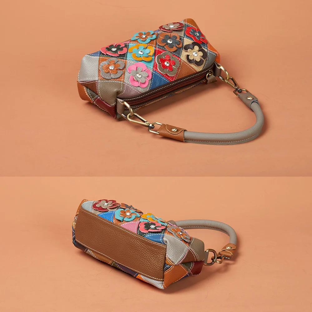 Handmade Genuine Leather Women’s Small Shoulder Bag | Ethnic Floral Patchwork Shell Bag | National Style Genuine Leather Crossbody with 2 Interchangeable Straps Luxegan