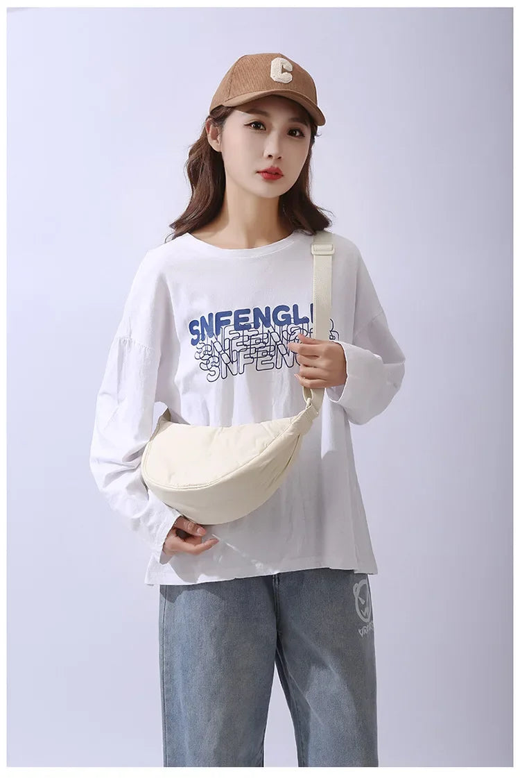 Simple Solid Color Nylon Padded Crossbody Bag | Portable Female Travel Purse & Shoulder Handbag (Messenger Style) Luxegan