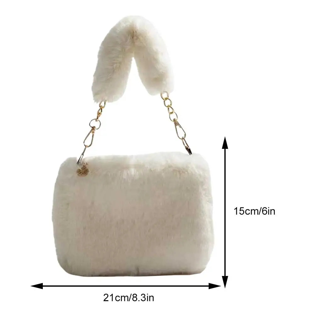 Fuzzy Plush Top Handle Bag | Soft Faux Fur Chain Crossbody Luxegan