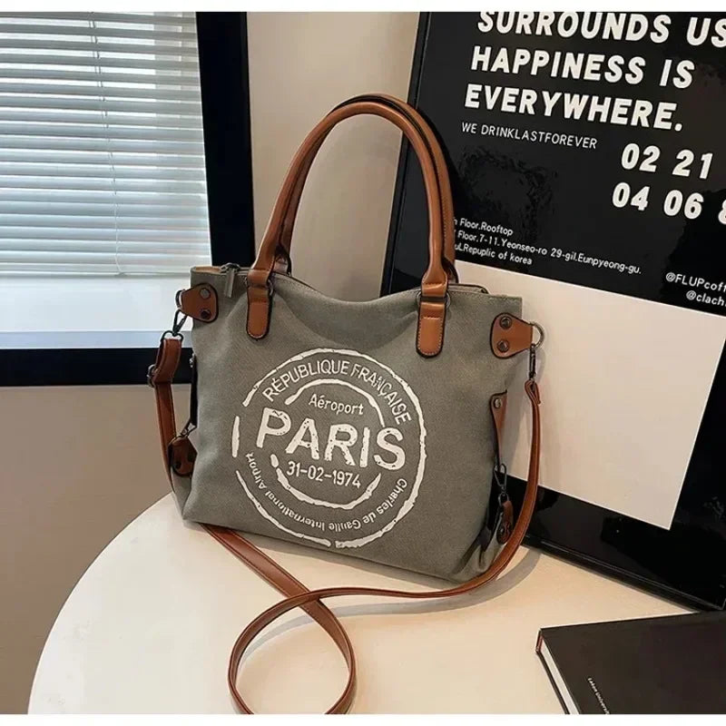 Large Women Stylish Crossbody Bag | Retro Canvas Tote Bag & Vintage Paris Stamp Print Luxegan
