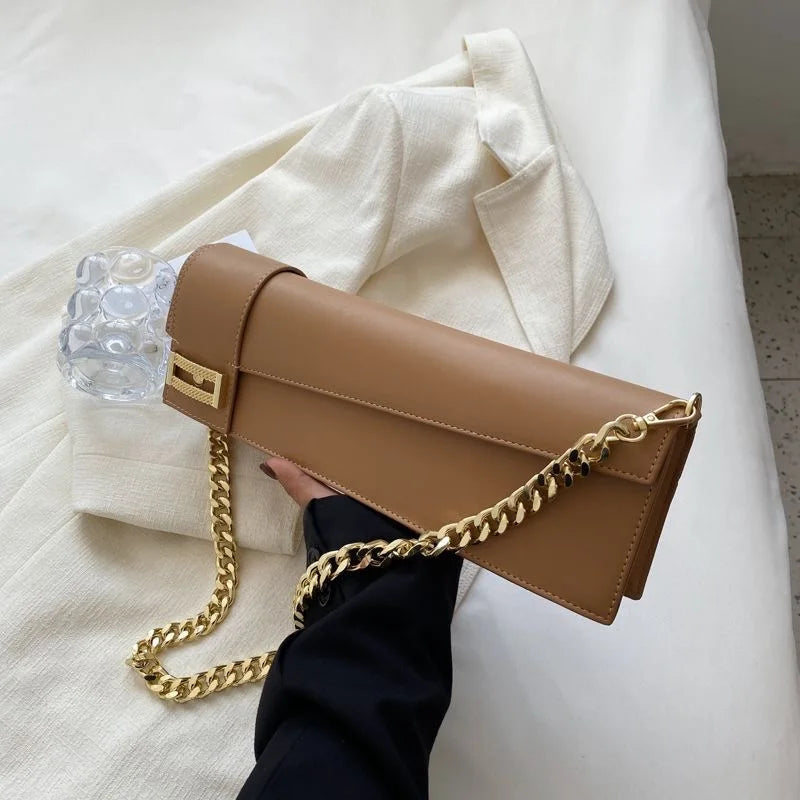 High Quality Klein Blue PU Leather Shoulder Bag for Women | Fashion Rectangle Underarm Purse (Ladies' Solid Handbag with Chains) Luxegan
