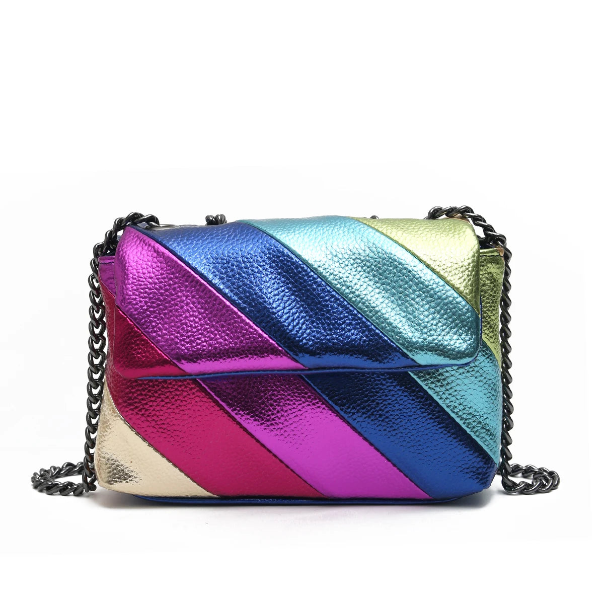 Women’s Funky Metallic Mini Shoulder Bag | Colorful Stripe Patchwork PU Leather Handbag | Fashion Flap Crossbody with Metal Chain Detail (Model CRP-2311437) Luxegan