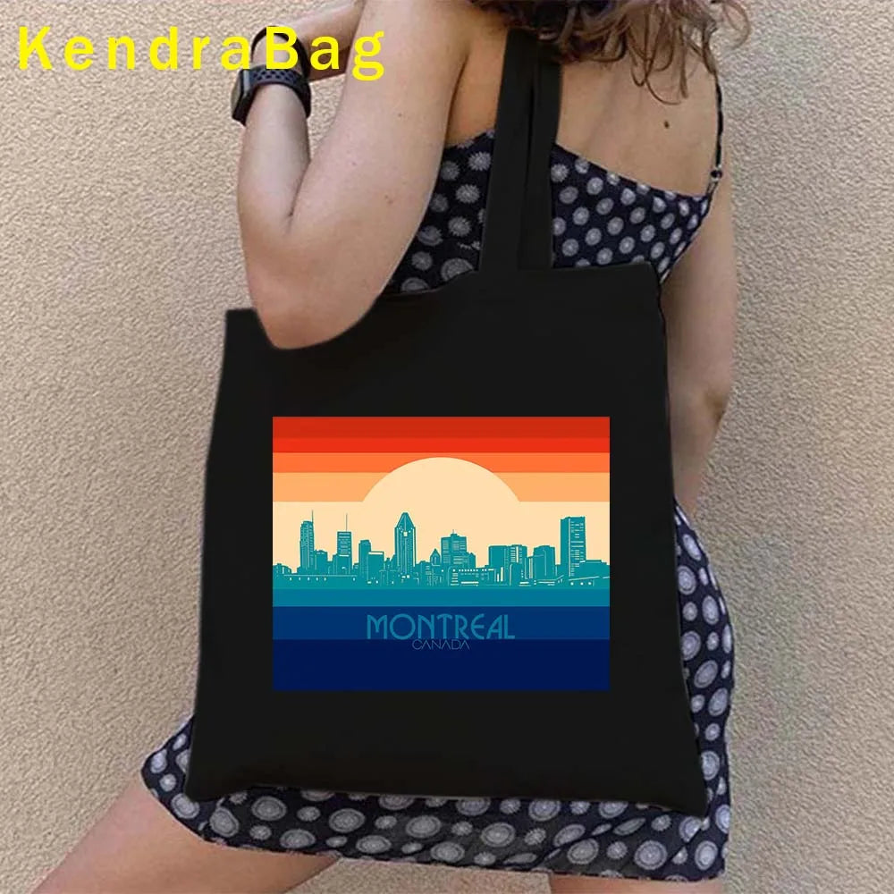 Canadian City Landscape Cotton Canvas Tote Bag | Happy Canada Day Tourist Gift | Reusable Eco-Friendly Shoulder Handbag (Women) Luxegan