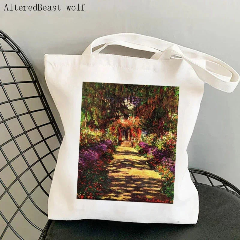 Monet Water Lilies Canvas Shoulder Bag | Sophisticated Kawaii Harajuku Shopping Tote | Elegant Art-Inspired Shopper Handbag | "Dignified" Durable Square Purse for Versatile Daily Styling Luxegan