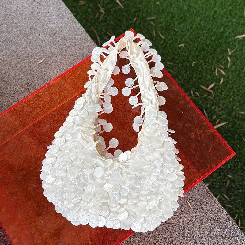 Designer Women's Pearlescent Inlay Half Moon Crossbody Bag | Exquisite Shell Beaded Handbag with Sequin & Wooden Handle Tote Luxegan