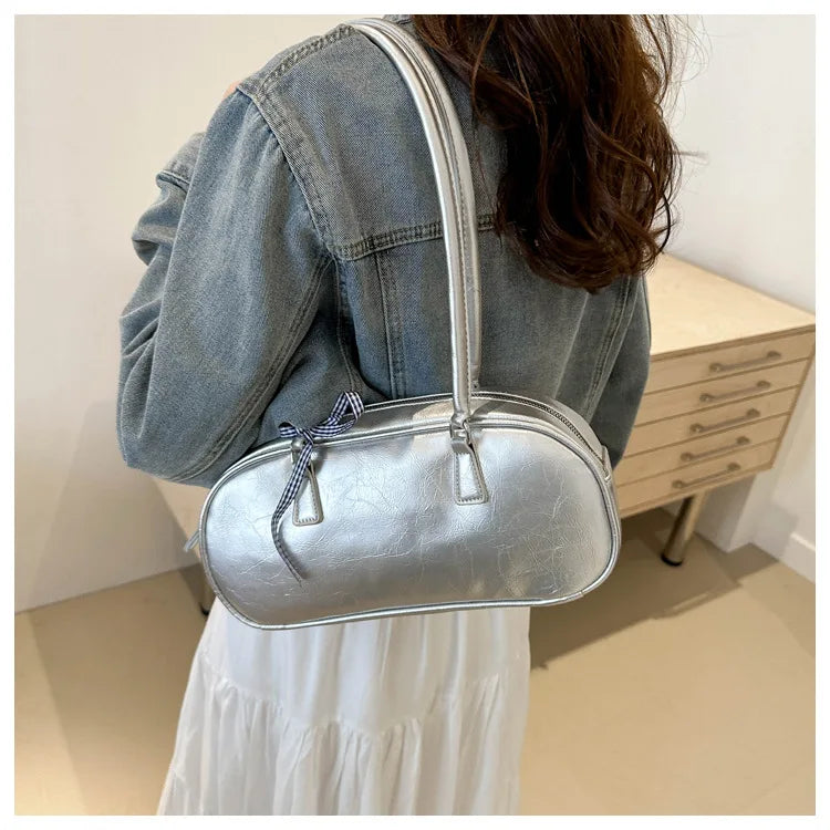 Large Capacity Silver Boston Bag | Soft PU Leather Commuter Handbag Luxegan