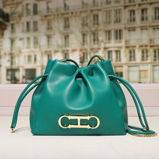 Fashionable Letter Drawstring Bucket Bag | Light Luxury Shoulder Bag for Commuting & Leisure | Soft PU Leather True Texture Bucket Purse (Model 240371) Luxegan